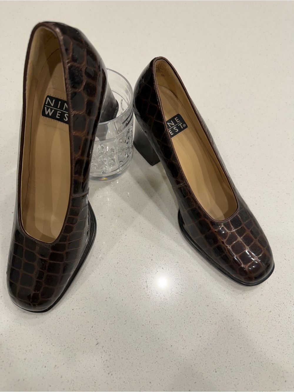 Nine West Dark Brown Croc-Embossed Block Heel Pumps